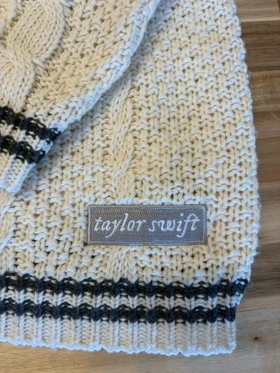 Taylor Swift Folklore Cream Cable Knit Cardigan with Black Trim and Star Elbows - Picture 2 of 16